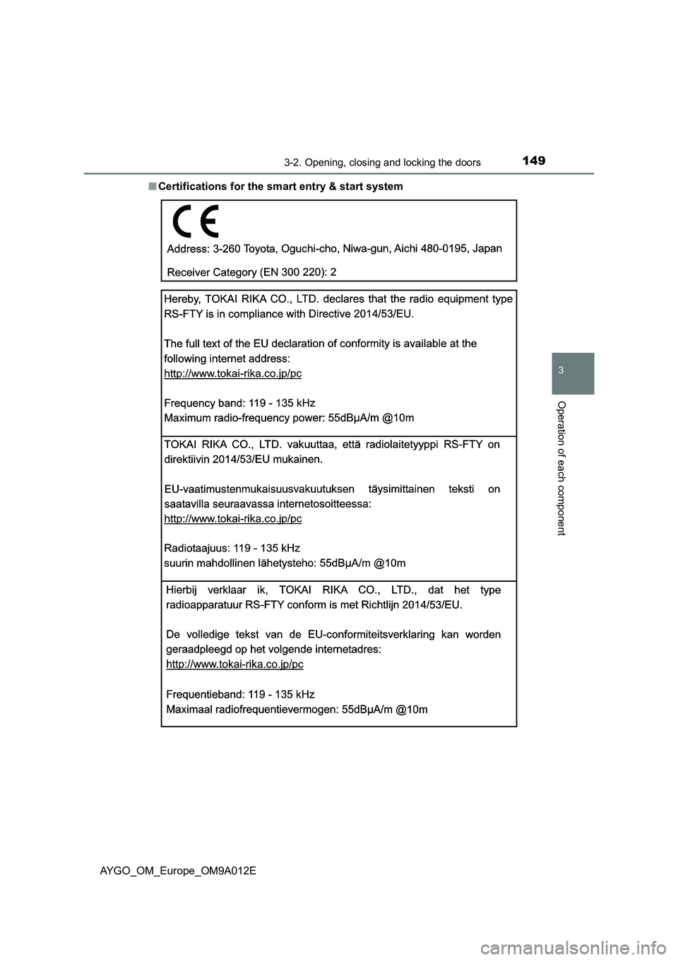 TOYOTA AYGO 2021 Owners Manual 1493-2. Opening, closing and locking the doors
3
Operation of each component
AYGO_OM_Europe_OM9A012E■Certifications for the smart entry & start system TOYOTA AYGO 2021 Owners Manual 1493-2. Opening, closing and locking the doors
3
Operation of each component
AYGO_OM_Europe_OM9A012E■Certifications for the smart entry & start system