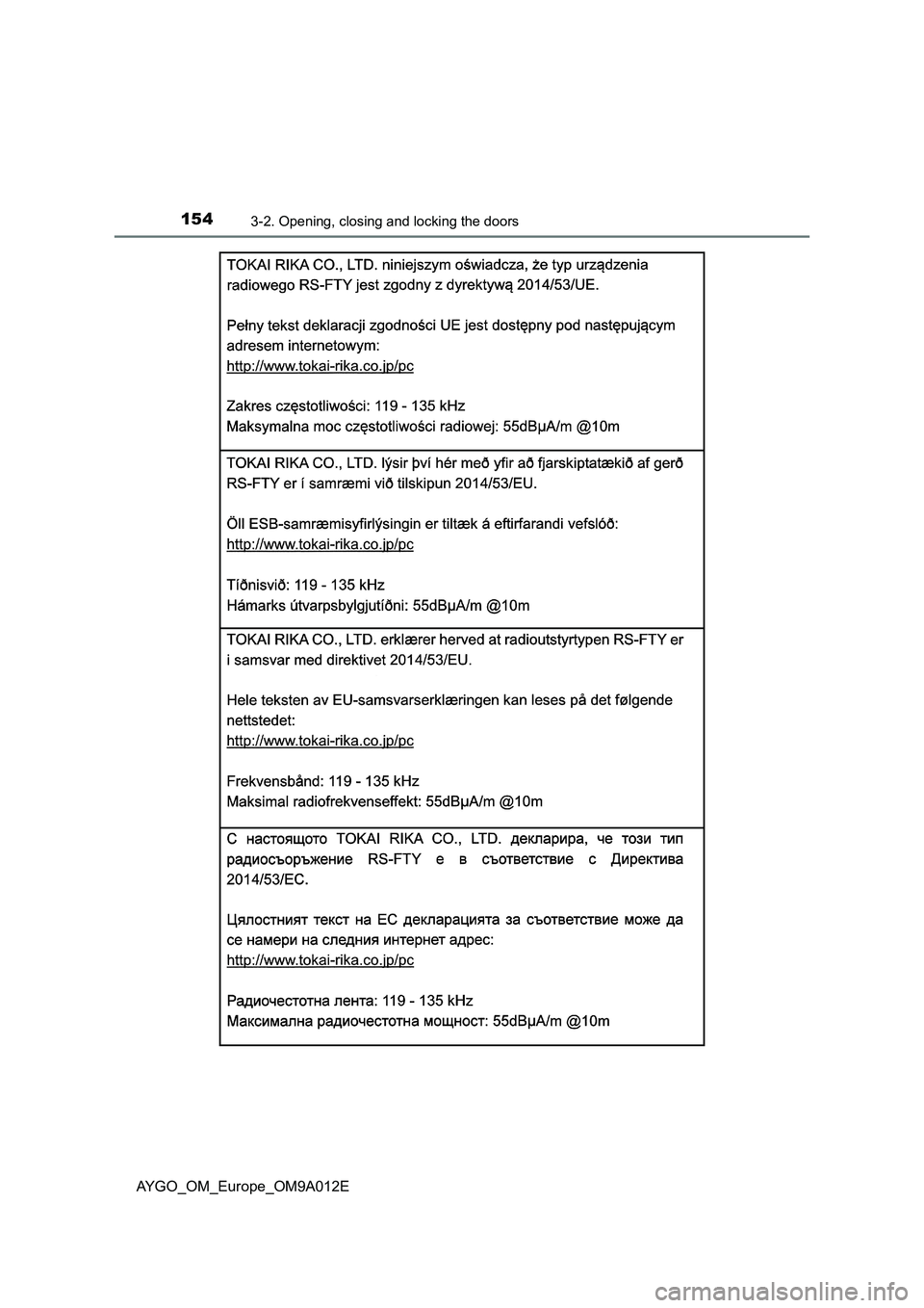 TOYOTA AYGO 2021 Owners Manual 1543-2. Opening, closing and locking the doors
AYGO_OM_Europe_OM9A012E TOYOTA AYGO 2021 Owners Manual 1543-2. Opening, closing and locking the doors
AYGO_OM_Europe_OM9A012E