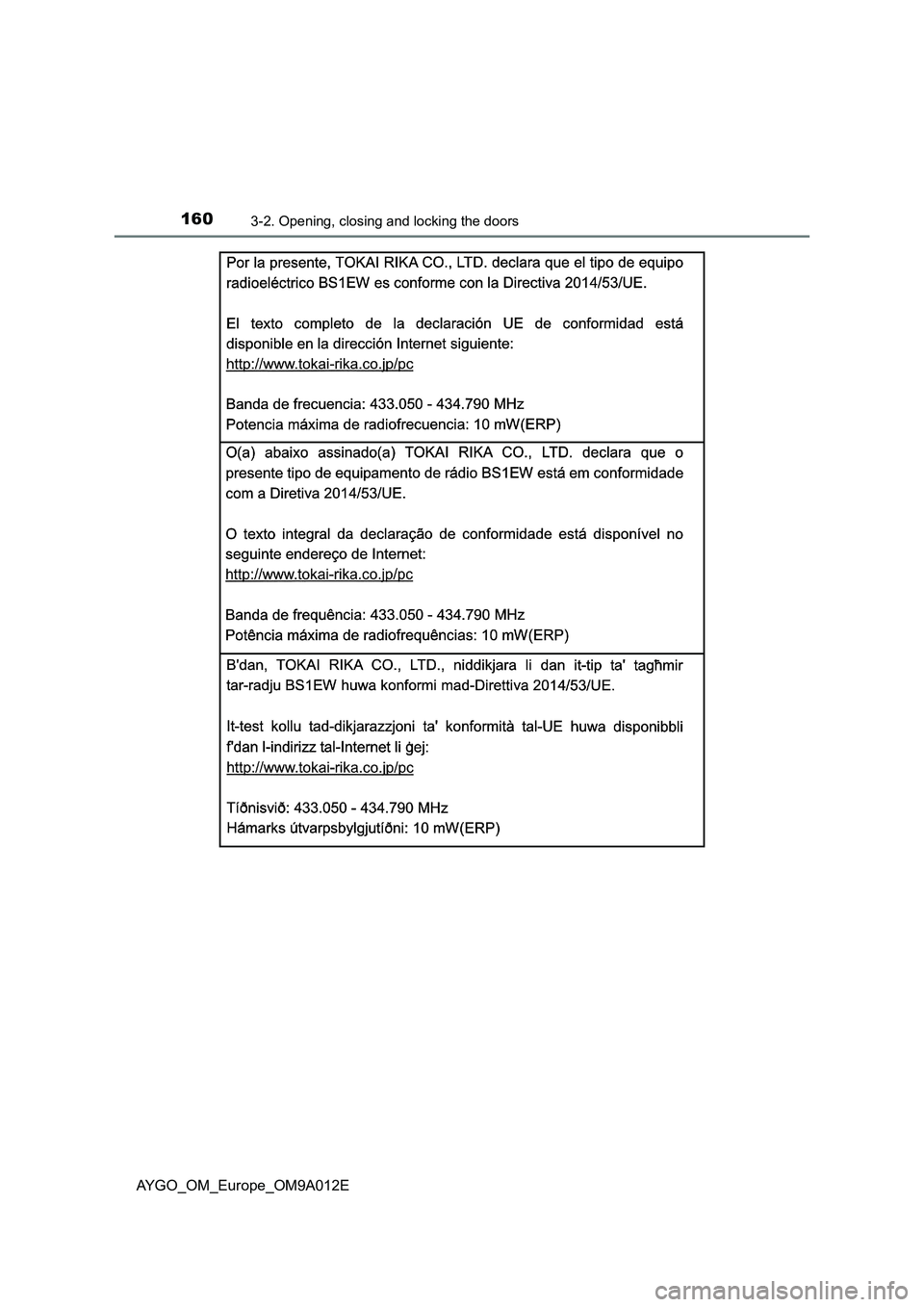 TOYOTA AYGO 2021 Owners Manual 1603-2. Opening, closing and locking the doors
AYGO_OM_Europe_OM9A012E TOYOTA AYGO 2021 Owners Manual 1603-2. Opening, closing and locking the doors
AYGO_OM_Europe_OM9A012E