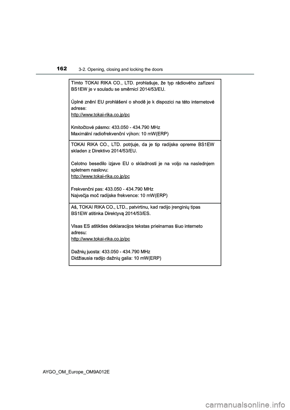 TOYOTA AYGO 2021 Owners Manual 1623-2. Opening, closing and locking the doors
AYGO_OM_Europe_OM9A012E TOYOTA AYGO 2021 Owners Manual 1623-2. Opening, closing and locking the doors
AYGO_OM_Europe_OM9A012E