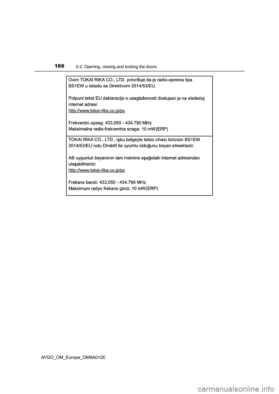 TOYOTA AYGO 2021 Owners Manual 1663-2. Opening, closing and locking the doors
AYGO_OM_Europe_OM9A012E TOYOTA AYGO 2021 Owners Manual 1663-2. Opening, closing and locking the doors
AYGO_OM_Europe_OM9A012E