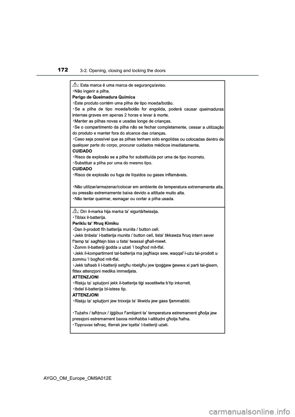 TOYOTA AYGO 2021  Owners Manual 1723-2. Opening, closing and locking the doors
AYGO_OM_Europe_OM9A012E 