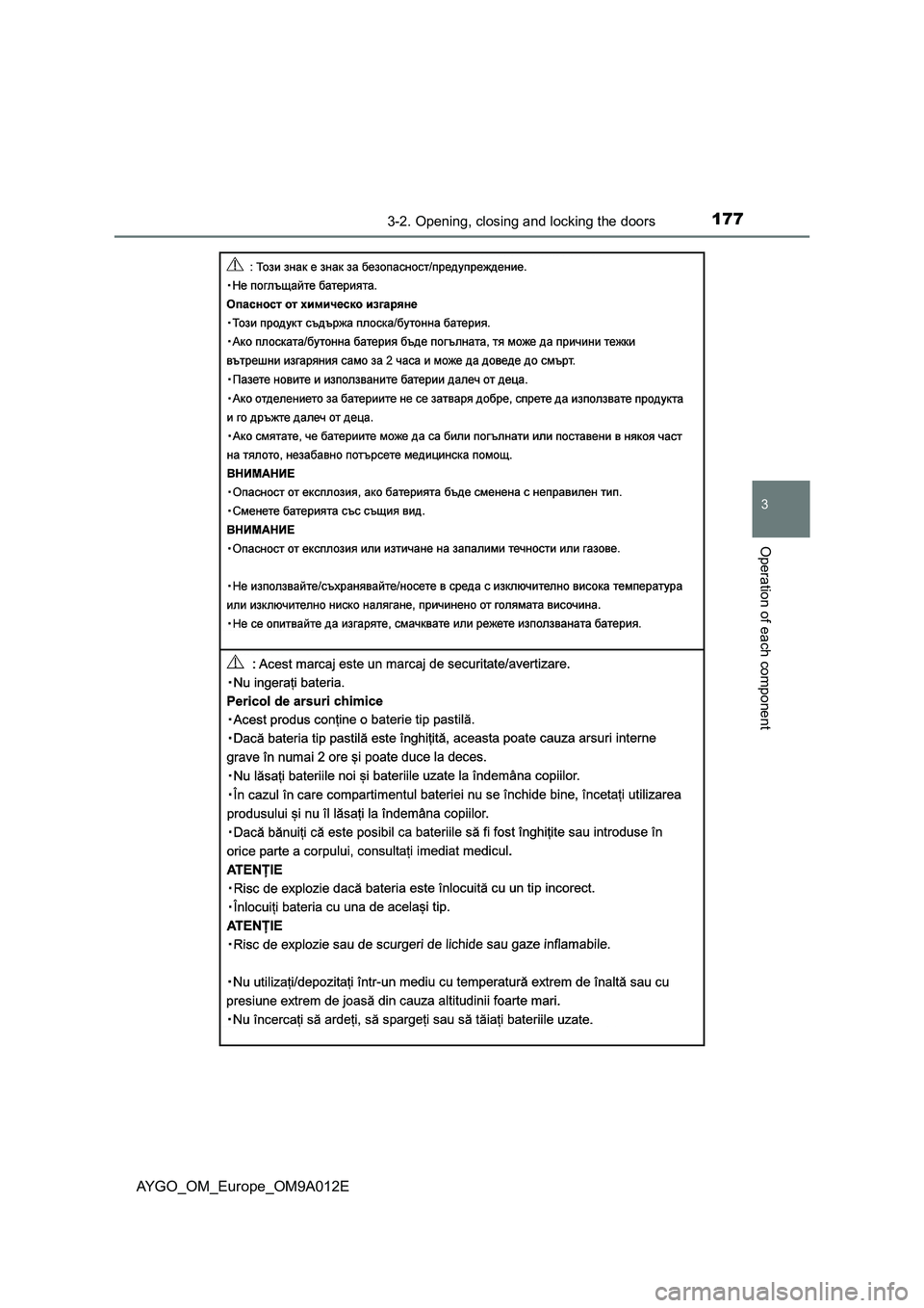 TOYOTA AYGO 2021  Owners Manual 1773-2. Opening, closing and locking the doors
3
Operation of each component
AYGO_OM_Europe_OM9A012E 