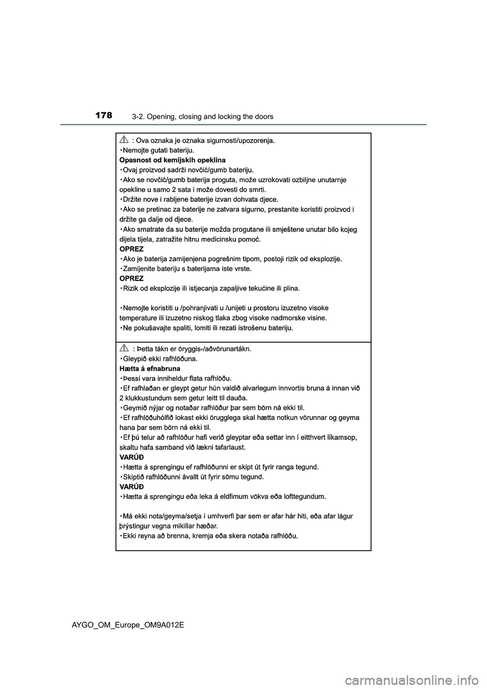 TOYOTA AYGO 2021  Owners Manual 1783-2. Opening, closing and locking the doors
AYGO_OM_Europe_OM9A012E 