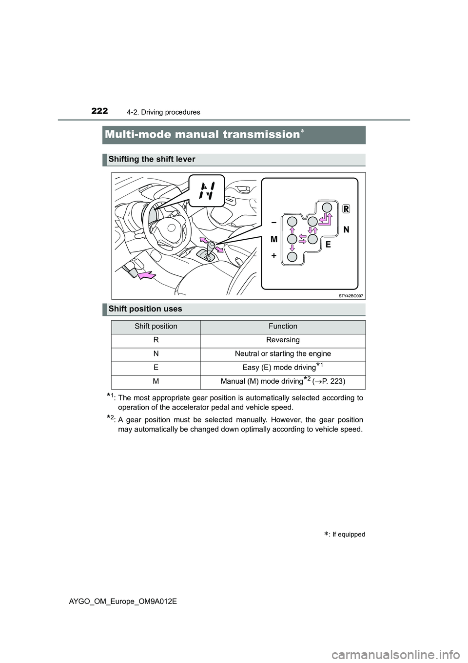 TOYOTA AYGO 2021 Owners Manual 2224-2. Driving procedures
AYGO_OM_Europe_OM9A012E
Multi-mode manual transmission
*1: The most appropriate gear position is automatically selected according to
operation of the accelerator pedal an TOYOTA AYGO 2021 Owners Manual 2224-2. Driving procedures
AYGO_OM_Europe_OM9A012E
Multi-mode manual transmission
*1: The most appropriate gear position is automatically selected according to
operation of the accelerator pedal an