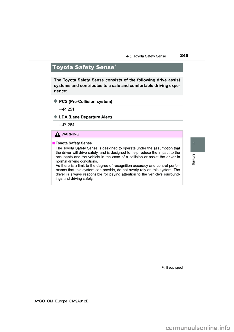 TOYOTA AYGO 2021  Owners Manual 245
4
4-5. Toyota Safety Sense
Driving
AYGO_OM_Europe_OM9A012E
Toyota Safety Sense
◆PCS (Pre-Collision system) 
 P.  2 5 1
◆LDA (Lane Departure Alert) 
 P.  2 6 4
: If equipped
The Toy