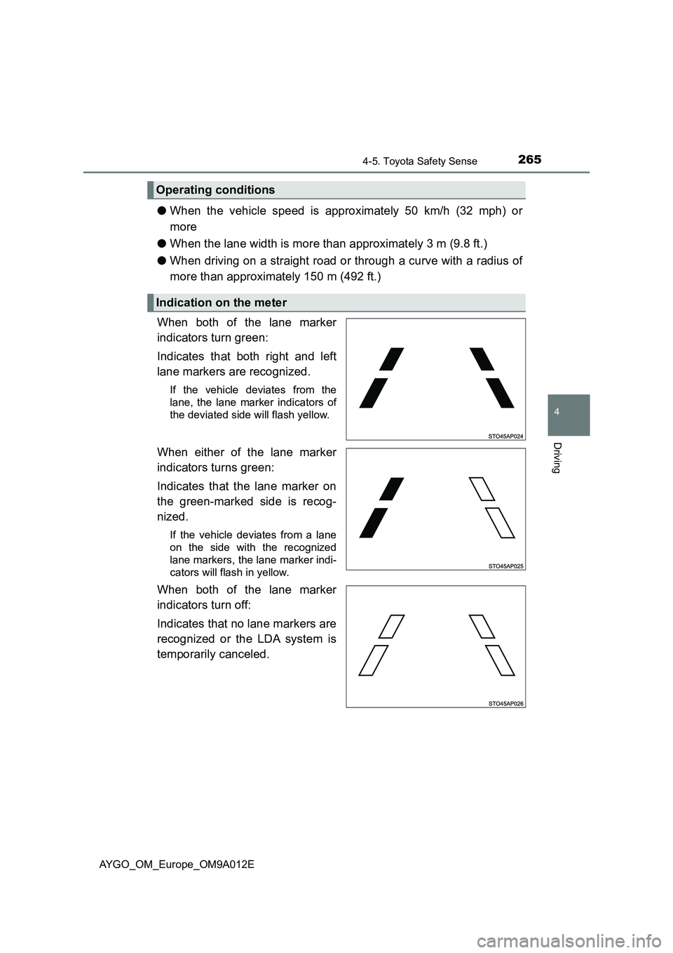 TOYOTA AYGO 2021 Owners Manual 2654-5. Toyota Safety Sense
4
Driving
AYGO_OM_Europe_OM9A012E
●When the vehicle speed is approximately 50 km/h (32 mph) or
more
●When the lane width is more than approximately 3 m (9.8 ft.)
●Whe TOYOTA AYGO 2021 Owners Manual 2654-5. Toyota Safety Sense
4
Driving
AYGO_OM_Europe_OM9A012E
●When the vehicle speed is approximately 50 km/h (32 mph) or
more
●When the lane width is more than approximately 3 m (9.8 ft.)
●Whe