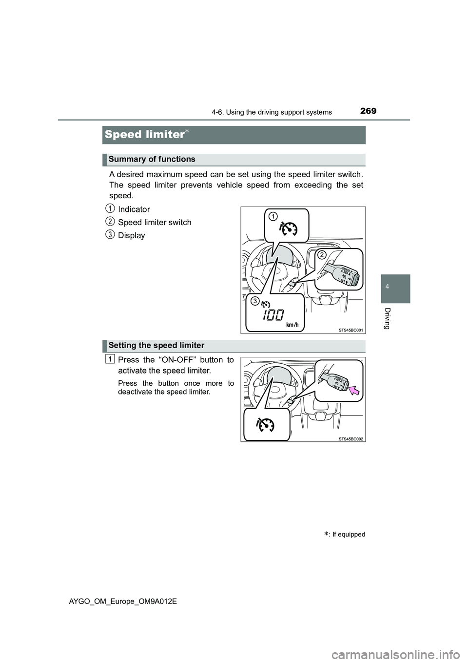 TOYOTA AYGO 2021 Owners Manual 269
4
4-6. Using the driving support systems
Driving
AYGO_OM_Europe_OM9A012E
Speed limiter
A desired maximum speed can be set using the speed limiter switch.
The speed limiter prevents vehicle spee TOYOTA AYGO 2021 Owners Manual 269
4
4-6. Using the driving support systems
Driving
AYGO_OM_Europe_OM9A012E
Speed limiter
A desired maximum speed can be set using the speed limiter switch.
The speed limiter prevents vehicle spee