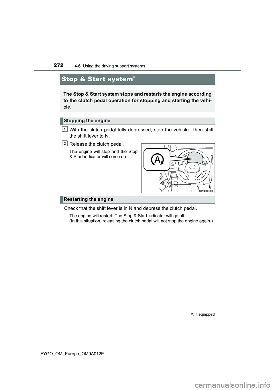 TOYOTA AYGO 2021 Owners Manual 2724-6. Using the driving support systems
AYGO_OM_Europe_OM9A012E
Stop & Start system
With the clutch pedal fully depressed, stop the vehicle. Then shift
the shift lever to N.
Release the clutch pe TOYOTA AYGO 2021 Owners Manual 2724-6. Using the driving support systems
AYGO_OM_Europe_OM9A012E
Stop & Start system
With the clutch pedal fully depressed, stop the vehicle. Then shift
the shift lever to N.
Release the clutch pe