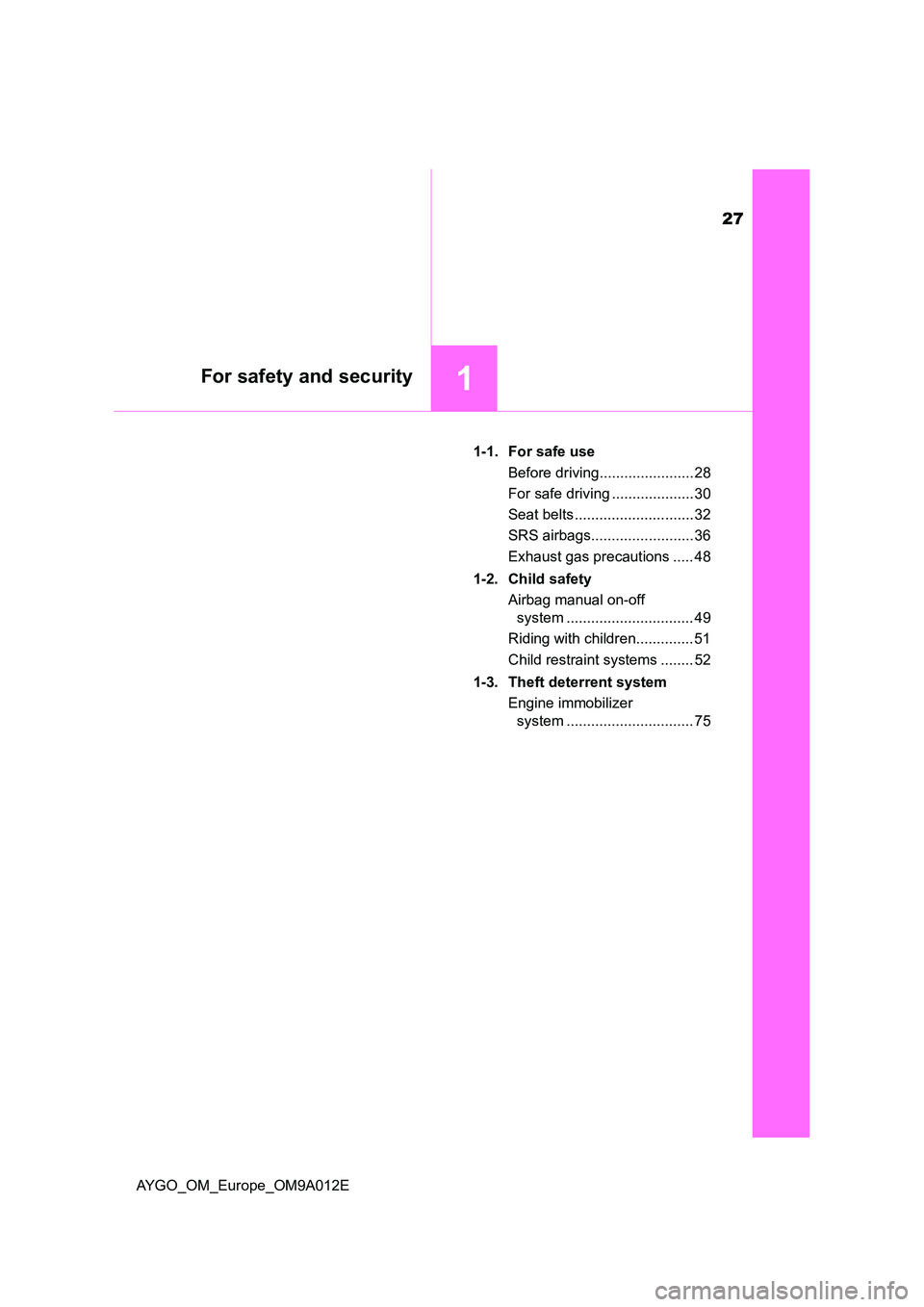 TOYOTA AYGO 2021  Owners Manual 27
1For safety and security
AYGO_OM_Europe_OM9A012E 
1-1. For safe use 
Before driving....................... 28 
For safe driving .................... 30 
Seat belts ............................. 32 