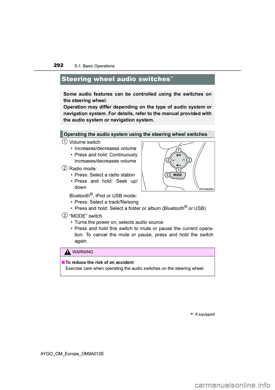 TOYOTA AYGO 2021 Owners Manual 2925-1. Basic Operations
AYGO_OM_Europe_OM9A012E
Steering wheel audio switches
Vo lu m e swi tc h
• Increases/decreases volume
• Press and hold: Continuously
increases/decreases volume
Radi TOYOTA AYGO 2021 Owners Manual 2925-1. Basic Operations
AYGO_OM_Europe_OM9A012E
Steering wheel audio switches
Vo lu m e swi tc h
• Increases/decreases volume
• Press and hold: Continuously
increases/decreases volume
Radi