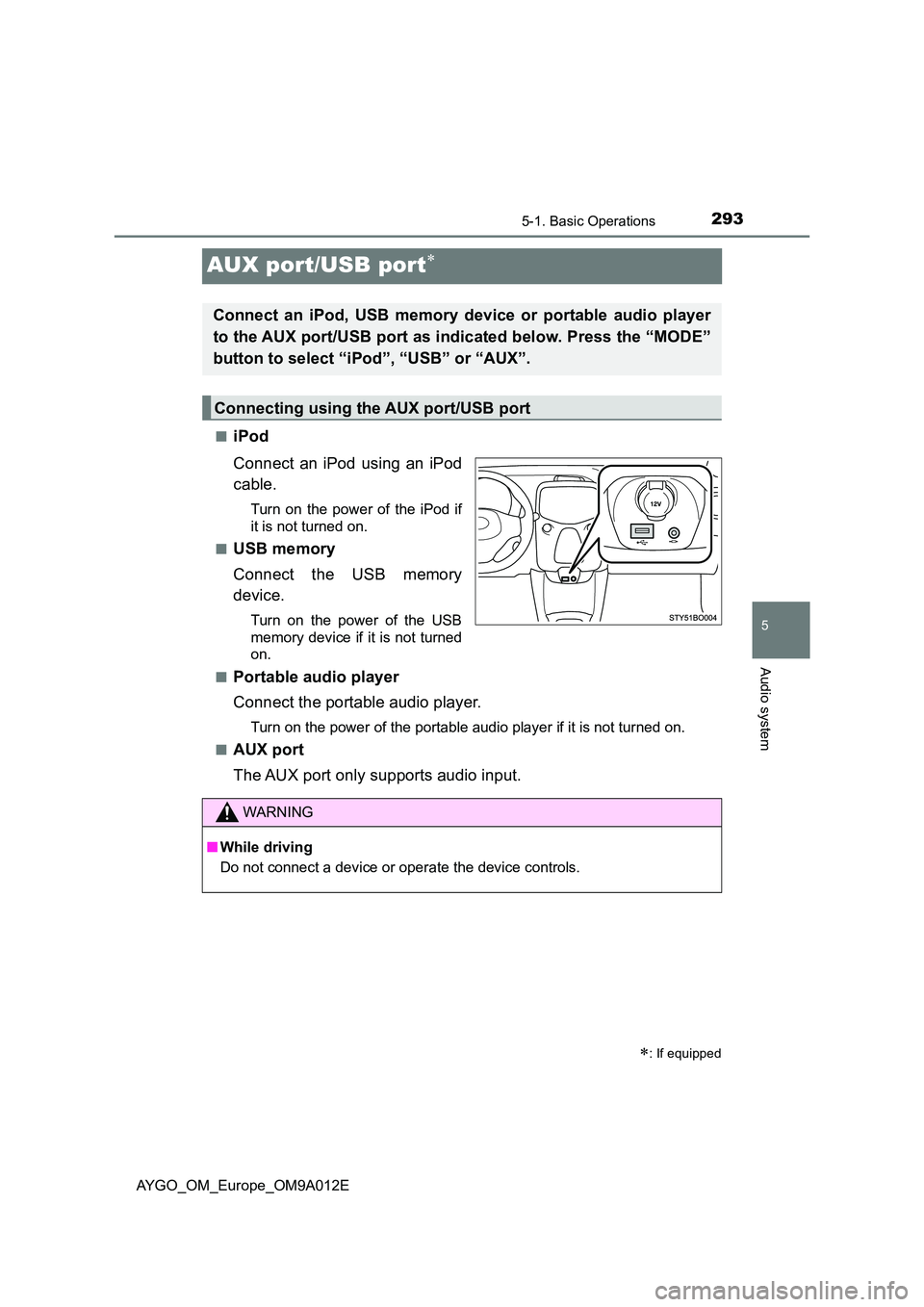 TOYOTA AYGO 2021 Owners Manual 293
5
5-1. Basic Operations
Audio system
AYGO_OM_Europe_OM9A012E
AUX port/USB port
■iPod
Connect an iPod using an iPod
cable.
Turn on the power of the iPod if
it is not turned on.
■USB memo TOYOTA AYGO 2021 Owners Manual 293
5
5-1. Basic Operations
Audio system
AYGO_OM_Europe_OM9A012E
AUX port/USB port
■iPod
Connect an iPod using an iPod
cable.
Turn on the power of the iPod if
it is not turned on.
■USB memo