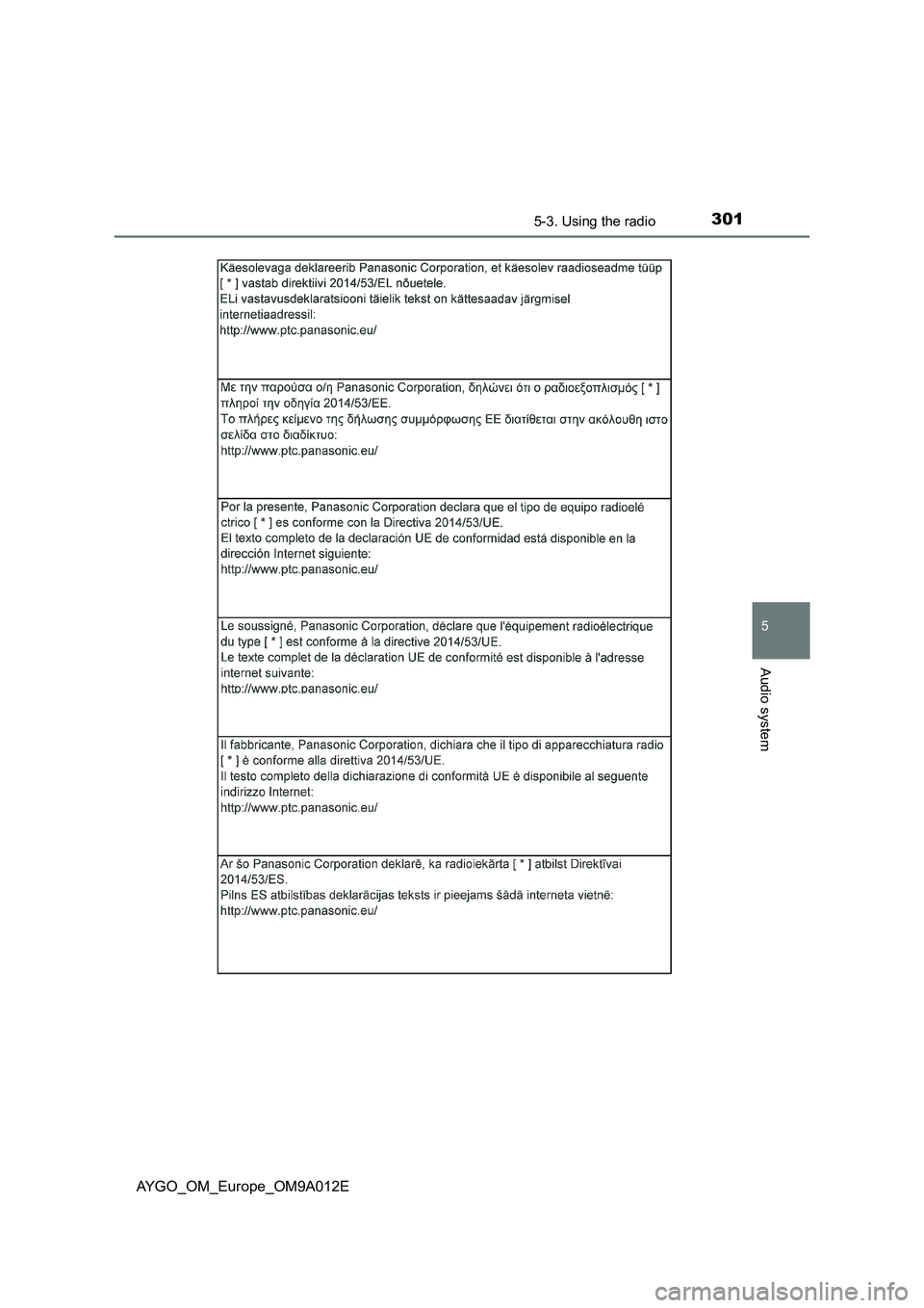 TOYOTA AYGO 2021  Owners Manual 3015-3. Using the radio
5
Audio system
AYGO_OM_Europe_OM9A012E 