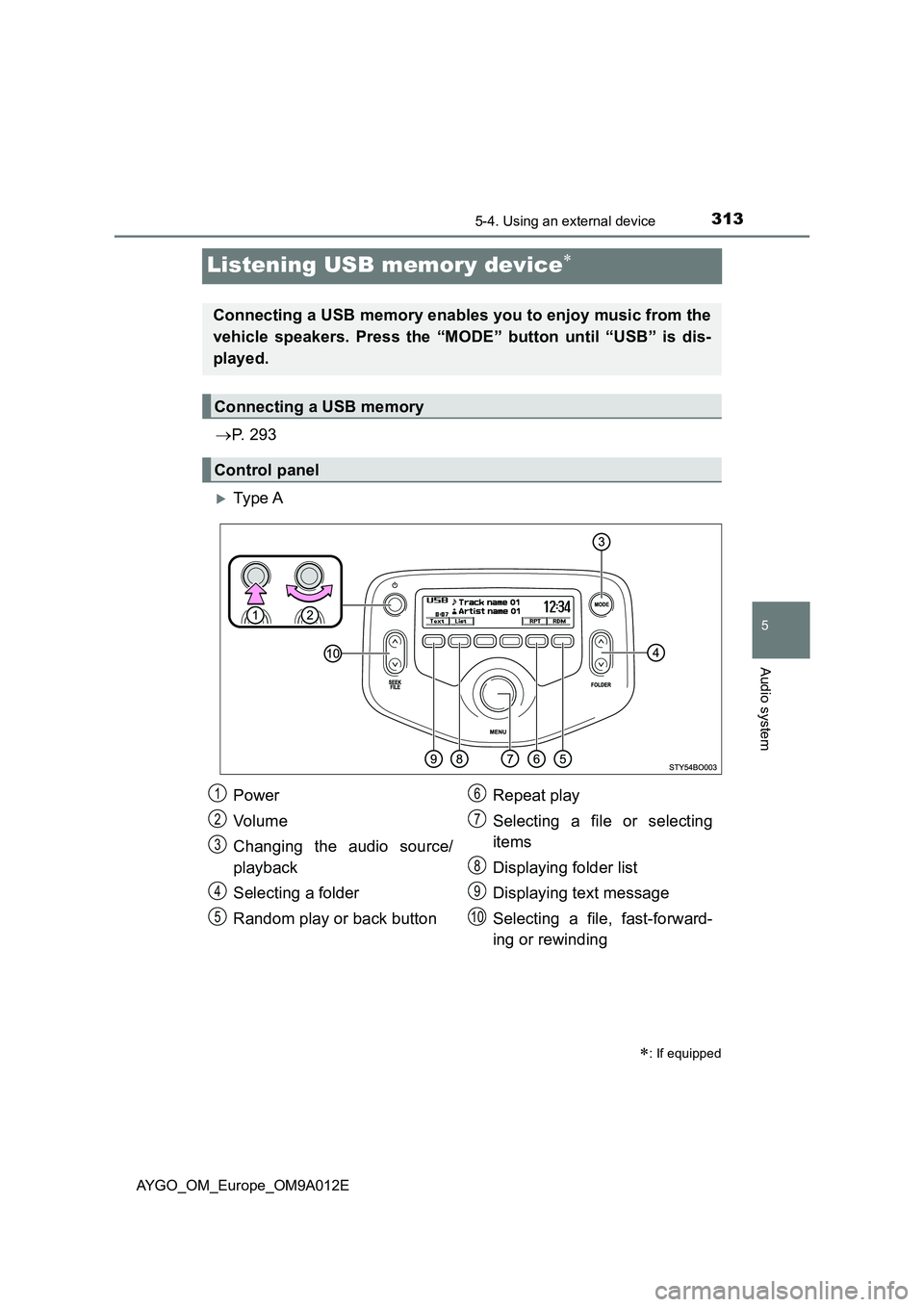 TOYOTA AYGO 2021 Owners Manual 313
5
5-4. Using an external device
Audio system
AYGO_OM_Europe_OM9A012E
Listening USB memory device
P. 2 9 3
Ty pe A
: If equipped
Connecting a USB memory enables you to enjoy music fro TOYOTA AYGO 2021 Owners Manual 313
5
5-4. Using an external device
Audio system
AYGO_OM_Europe_OM9A012E
Listening USB memory device
P. 2 9 3
Ty pe A
: If equipped
Connecting a USB memory enables you to enjoy music fro