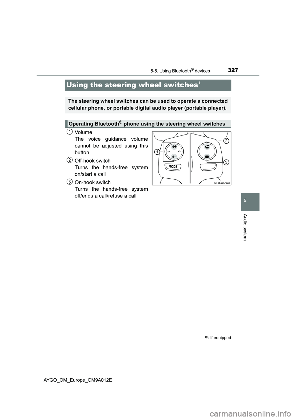 TOYOTA AYGO 2021 Owners Manual 327
5
5-5. Using Bluetooth® devices
Audio system
AYGO_OM_Europe_OM9A012E
Using the steering wheel switches
Vo lu m e
The voice guidance volume
cannot be adjusted using this
button.
Off-hook switch TOYOTA AYGO 2021 Owners Manual 327
5
5-5. Using Bluetooth® devices
Audio system
AYGO_OM_Europe_OM9A012E
Using the steering wheel switches
Vo lu m e
The voice guidance volume
cannot be adjusted using this
button.
Off-hook switch