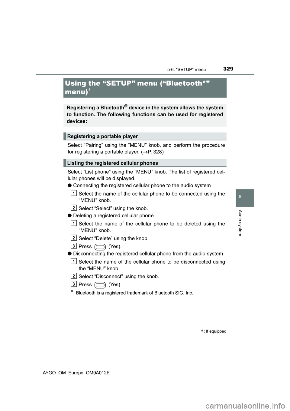 TOYOTA AYGO 2021 User Guide 329
5
5-6. “SETUP” menu
Audio system
AYGO_OM_Europe_OM9A012E
Using the “SETUP” menu (“Bluetooth*”
menu)
Select “Pairing” using the “MENU” knob, and perform the procedure
for r TOYOTA AYGO 2021 User Guide 329
5
5-6. “SETUP” menu
Audio system
AYGO_OM_Europe_OM9A012E
Using the “SETUP” menu (“Bluetooth*”
menu)
Select “Pairing” using the “MENU” knob, and perform the procedure
for r