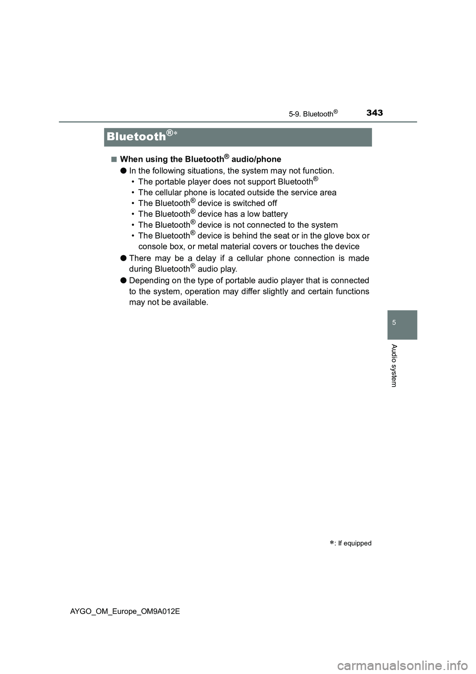 TOYOTA AYGO 2021 User Guide 343
5
5-9. Bluetooth®
Audio system
AYGO_OM_Europe_OM9A012E
Bluetooth®
■When using the Bluetooth® audio/phone
●In the following situations, the system may not function.
• The portable playe TOYOTA AYGO 2021 User Guide 343
5
5-9. Bluetooth®
Audio system
AYGO_OM_Europe_OM9A012E
Bluetooth®
■When using the Bluetooth® audio/phone
●In the following situations, the system may not function.
• The portable playe