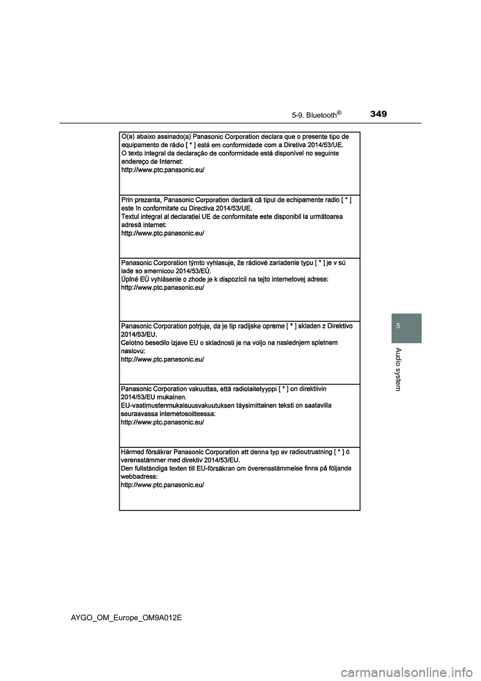 TOYOTA AYGO 2021  Owners Manual 3495-9. Bluetooth®
5
Audio system
AYGO_OM_Europe_OM9A012E 