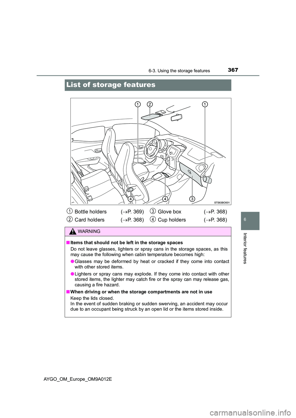 TOYOTA AYGO 2021  Owners Manual 3676-3. Using the storage features
6
Interior features
AYGO_OM_Europe_OM9A012E
List of storage features
Bottle holders  (P. 369) 
Card holders ( P. 368) 
Glove box ( P. 368) 
Cup holders  ( 