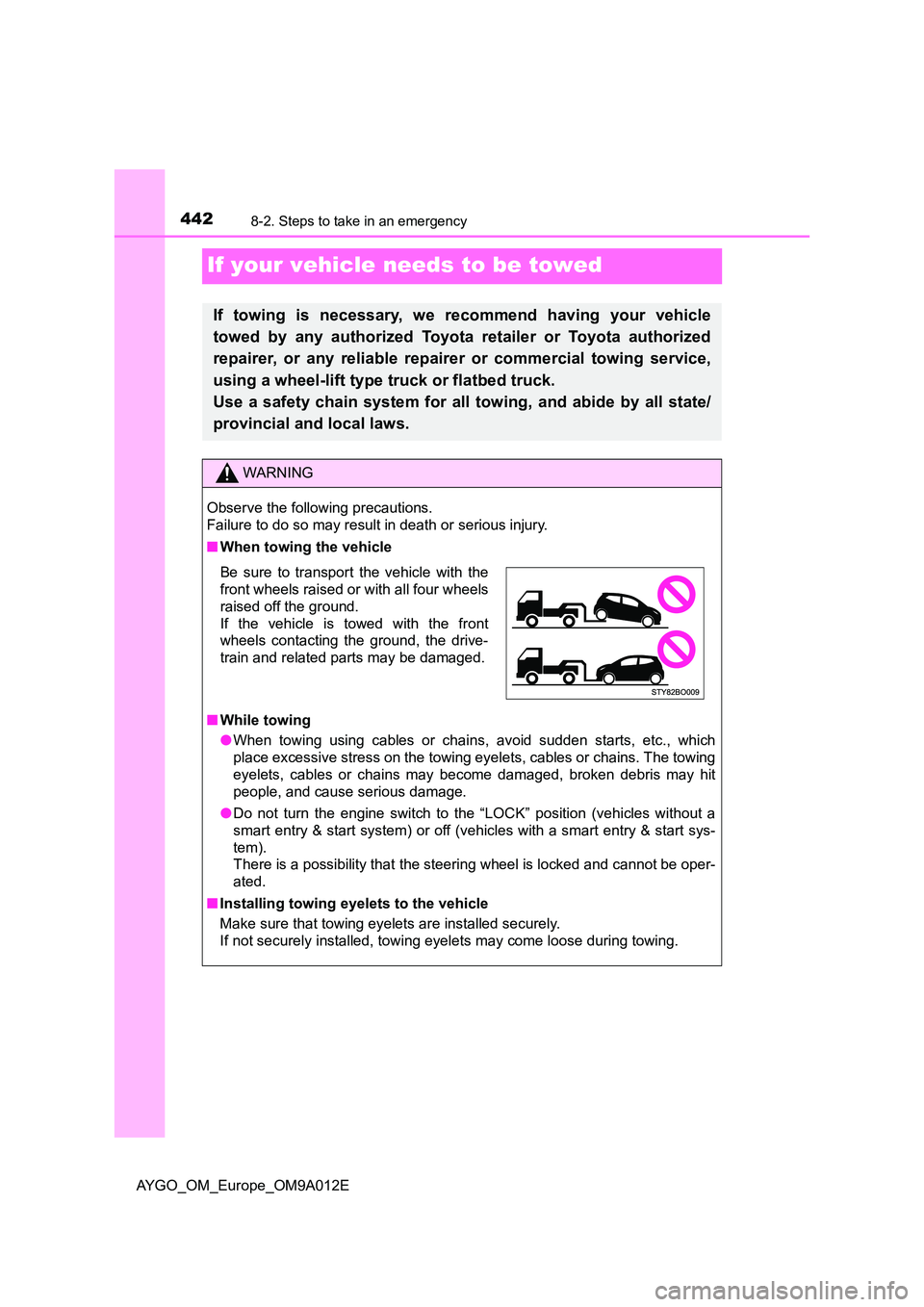 TOYOTA AYGO 2021 Owners Manual 4428-2. Steps to take in an emergency
AYGO_OM_Europe_OM9A012E
If your vehicle needs to be towed
If towing is necessary, we recommend having your vehicle
towed by any authorized Toyota retailer or Toy TOYOTA AYGO 2021 Owners Manual 4428-2. Steps to take in an emergency
AYGO_OM_Europe_OM9A012E
If your vehicle needs to be towed
If towing is necessary, we recommend having your vehicle
towed by any authorized Toyota retailer or Toy
