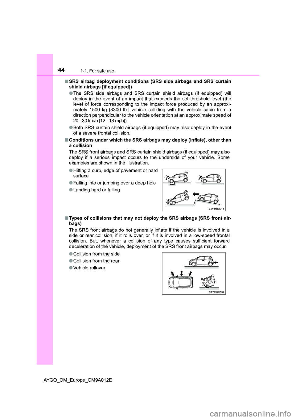 TOYOTA AYGO 2021 Service Manual 441-1. For safe use
AYGO_OM_Europe_OM9A012E 
■ SRS airbag deployment conditions (SRS side airbags and SRS curtain 
shield airbags [if equipped]) 
● The SRS side airbags and SRS curtain shield airb