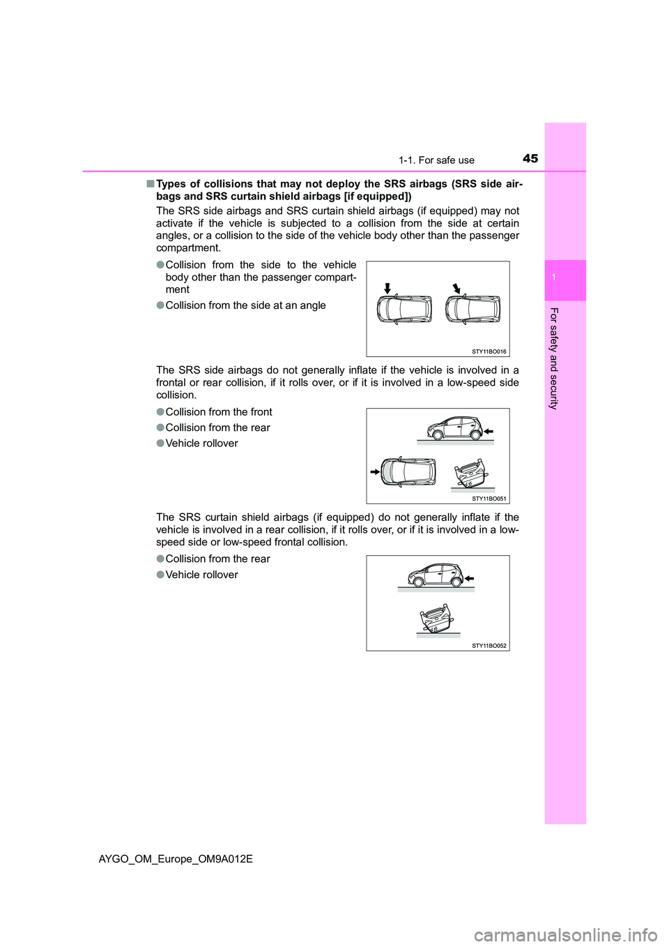TOYOTA AYGO 2021 Service Manual 451-1. For safe use
1
For safety and security
AYGO_OM_Europe_OM9A012E 
■ Types of collisions that may not deploy the SRS airbags (SRS side air- 
bags and SRS curtain shield airbags [if equipped]) 
T