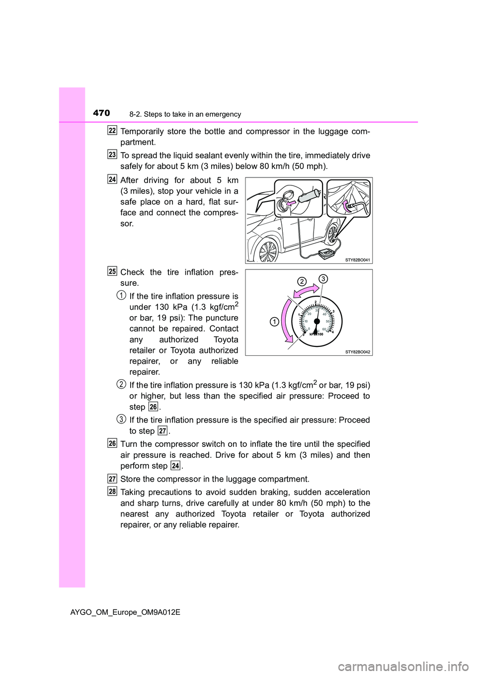 TOYOTA AYGO 2021 Owners Manual 4708-2. Steps to take in an emergency
AYGO_OM_Europe_OM9A012E
Temporarily store the bottle and compressor in the luggage com-
partment.
To spread the liquid sealant evenly within the tire, immediate TOYOTA AYGO 2021 Owners Manual 4708-2. Steps to take in an emergency
AYGO_OM_Europe_OM9A012E
Temporarily store the bottle and compressor in the luggage com-
partment.
To spread the liquid sealant evenly within the tire, immediate