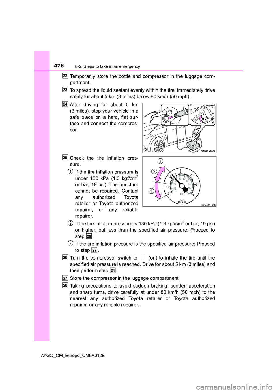 TOYOTA AYGO 2021 Owners Manual 4768-2. Steps to take in an emergency
AYGO_OM_Europe_OM9A012E
Temporarily store the bottle and compressor in the luggage com-
partment.
To spread the liquid sealant evenly within the tire, TOYOTA AYGO 2021 Owners Manual 4768-2. Steps to take in an emergency
AYGO_OM_Europe_OM9A012E
Temporarily store the bottle and compressor in the luggage com-
partment.
To spread the liquid sealant evenly within the tire,