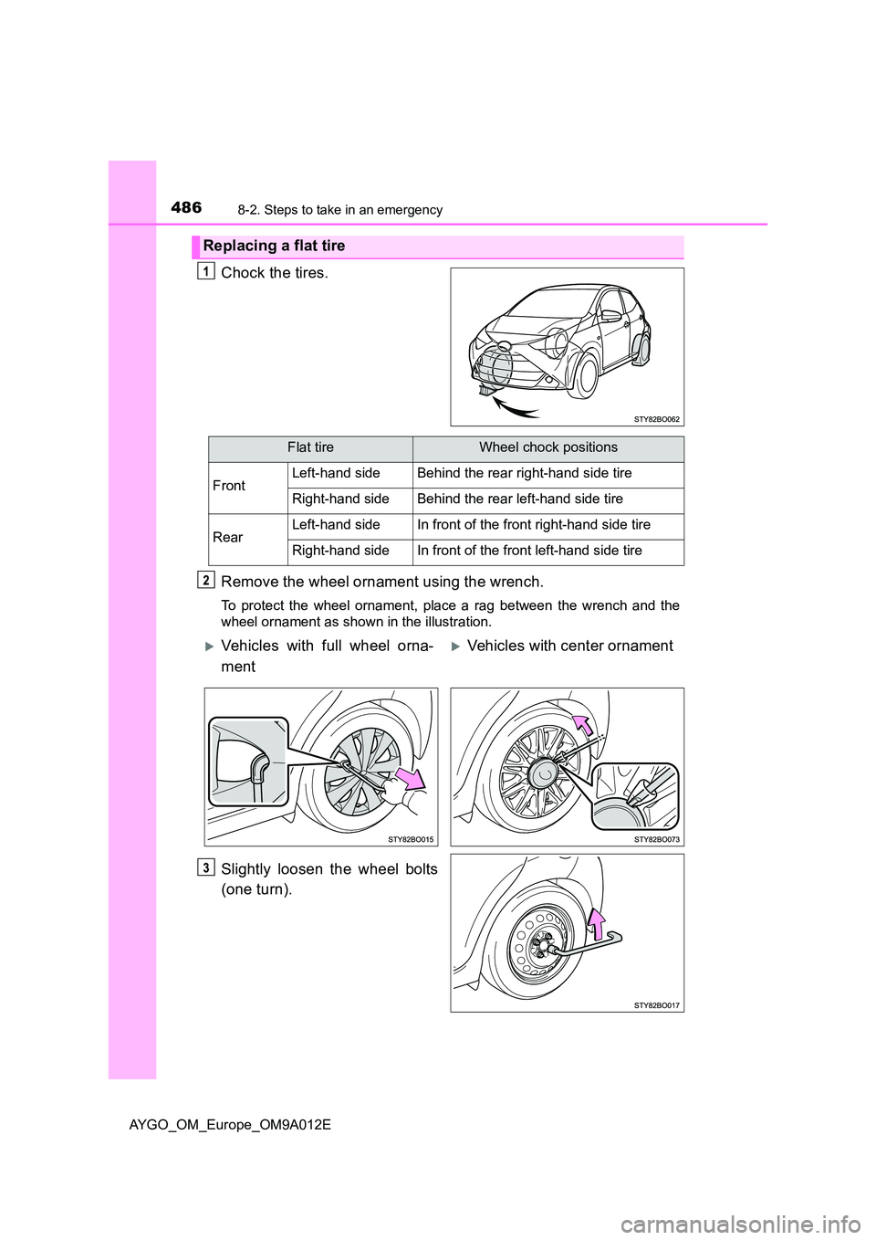 TOYOTA AYGO 2021 Owners Manual 4868-2. Steps to take in an emergency
AYGO_OM_Europe_OM9A012E
Chock the tires.
Remove the wheel ornament using the wrench.
To protect the wheel ornament, place a rag between the wrench and the
wheel TOYOTA AYGO 2021 Owners Manual 4868-2. Steps to take in an emergency
AYGO_OM_Europe_OM9A012E
Chock the tires.
Remove the wheel ornament using the wrench.
To protect the wheel ornament, place a rag between the wrench and the
wheel