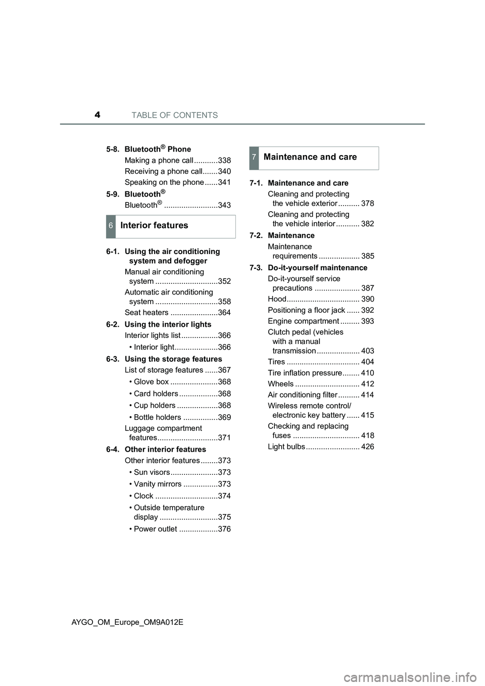 TOYOTA AYGO 2021 Owners Manual TABLE OF CONTENTS4
AYGO_OM_Europe_OM9A012E5-8. Bluetooth
® Phone
Making a phone call ...........338
Receiving a phone call.......340
Speaking on the phone ......341
5-9. Bluetooth
®
Bluetooth®..... TOYOTA AYGO 2021 Owners Manual TABLE OF CONTENTS4
AYGO_OM_Europe_OM9A012E5-8. Bluetooth
® Phone
Making a phone call ...........338
Receiving a phone call.......340
Speaking on the phone ......341
5-9. Bluetooth
®
Bluetooth®.....