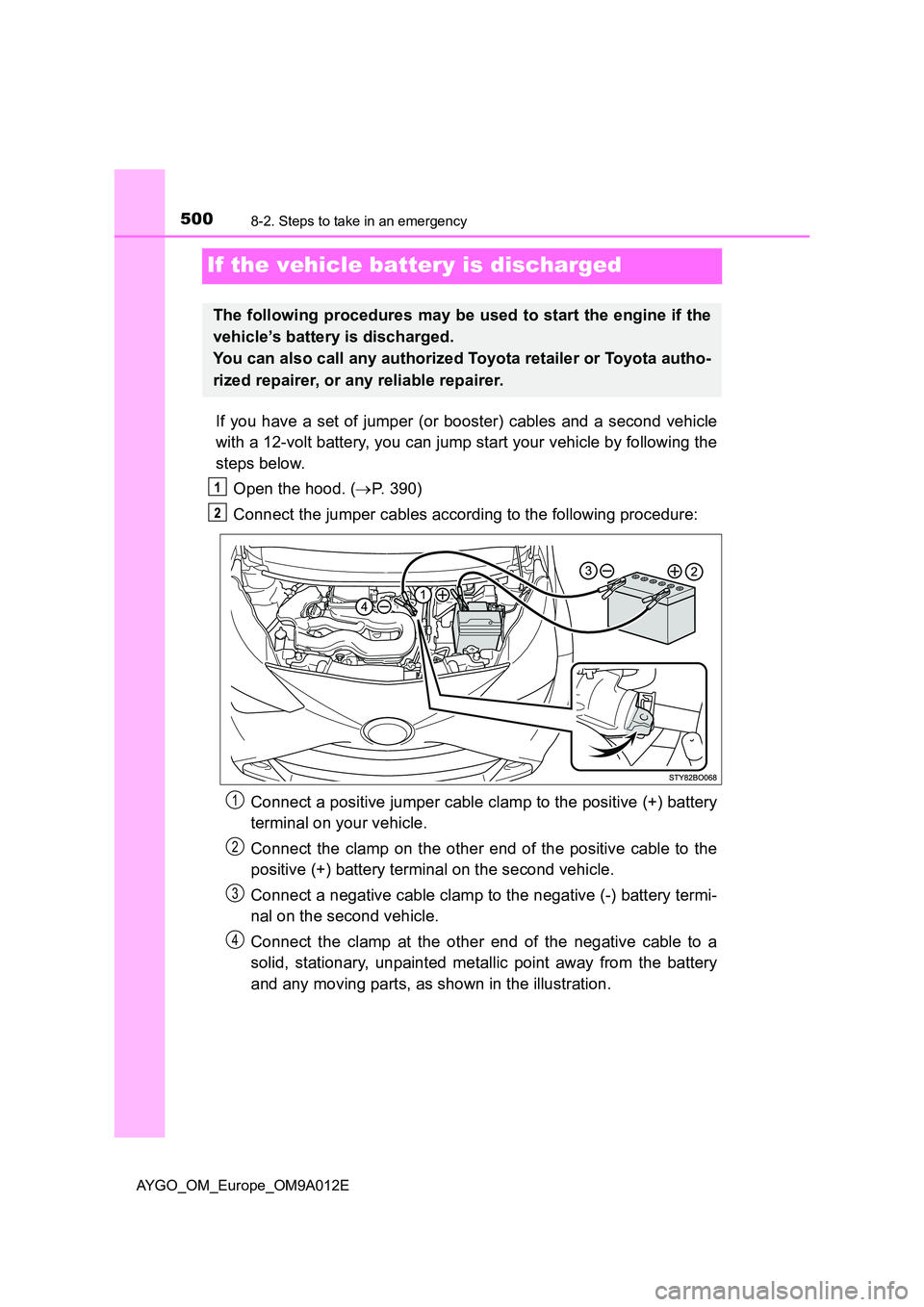 TOYOTA AYGO 2021  Owners Manual 5008-2. Steps to take in an emergency
AYGO_OM_Europe_OM9A012E
If the vehicle battery is discharged
If you have a set of jumper (or booster) cables and a second vehicle 
with a 12-volt battery, you can