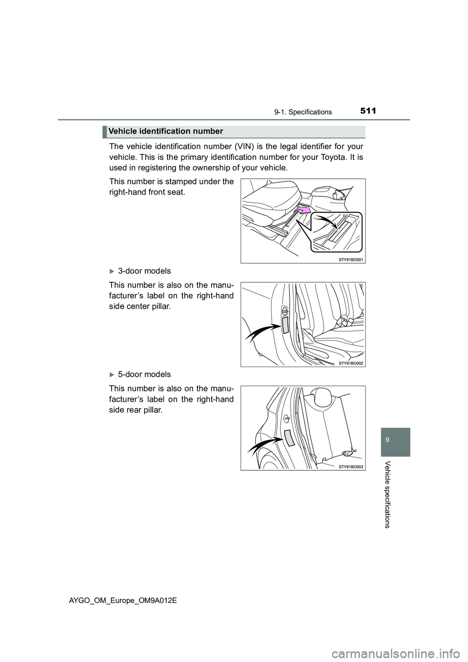 TOYOTA AYGO 2021 Owners Manual 5119-1. Specifications
9
Vehicle specifications
AYGO_OM_Europe_OM9A012E
The vehicle identification number (VIN) is the legal identifier for your
vehicle. This is the primary identification number for TOYOTA AYGO 2021 Owners Manual 5119-1. Specifications
9
Vehicle specifications
AYGO_OM_Europe_OM9A012E
The vehicle identification number (VIN) is the legal identifier for your
vehicle. This is the primary identification number for