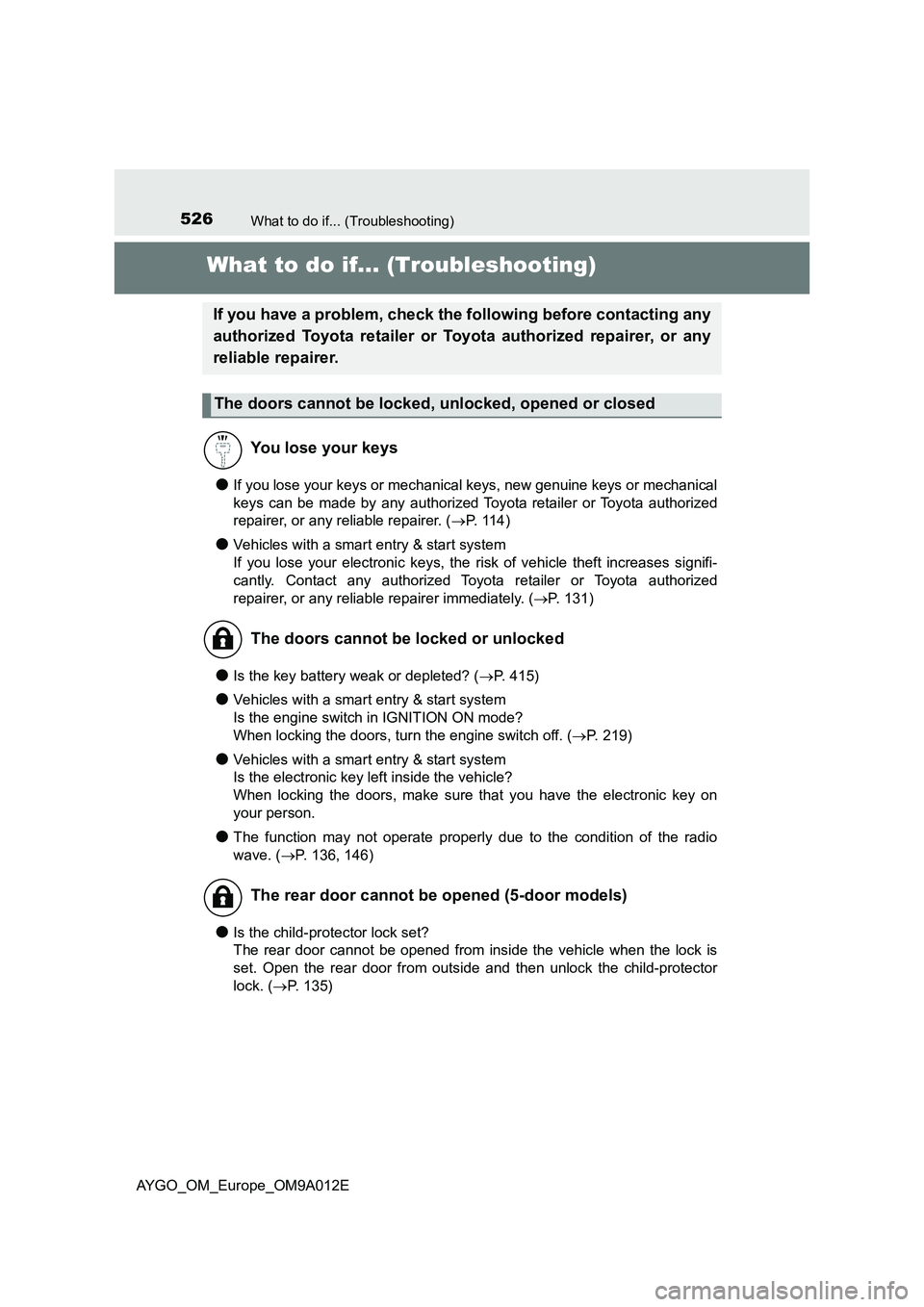 TOYOTA AYGO 2021 Service Manual 526What to do if... (Troubleshooting)
AYGO_OM_Europe_OM9A012E
What to do if... (Troubleshooting)
●If you lose your keys or mechanical keys, new genuine keys or mechanical
keys can be made by any aut TOYOTA AYGO 2021 Service Manual 526What to do if... (Troubleshooting)
AYGO_OM_Europe_OM9A012E
What to do if... (Troubleshooting)
●If you lose your keys or mechanical keys, new genuine keys or mechanical
keys can be made by any aut