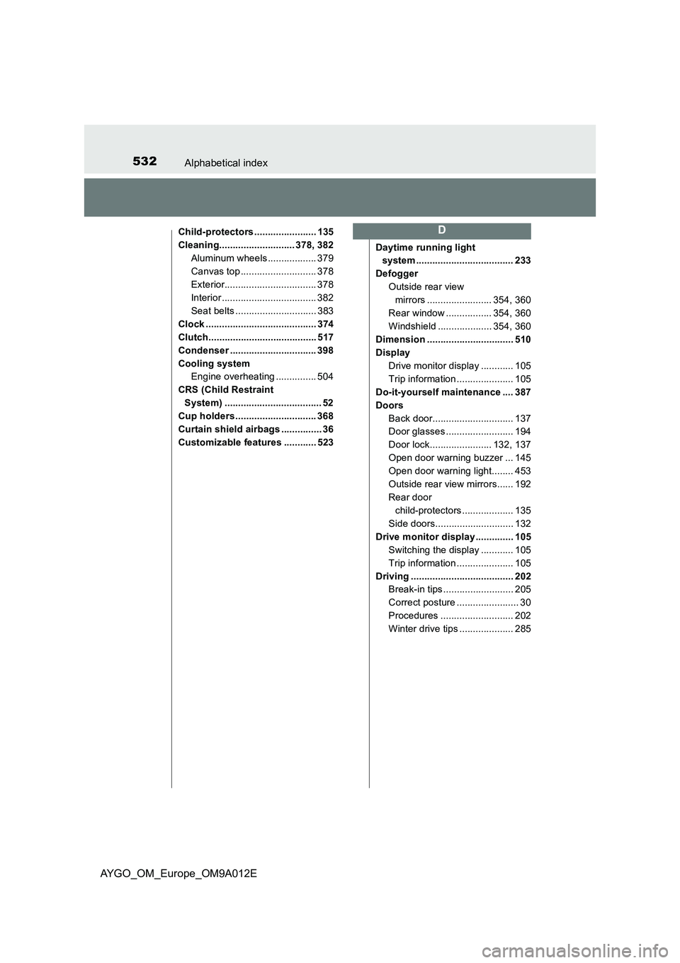 TOYOTA AYGO 2021  Owners Manual 532Alphabetical index
AYGO_OM_Europe_OM9A012E
Child-protectors ....................... 135
Cleaning............................ 378, 382
Aluminum wheels .................. 379
Canvas top .............