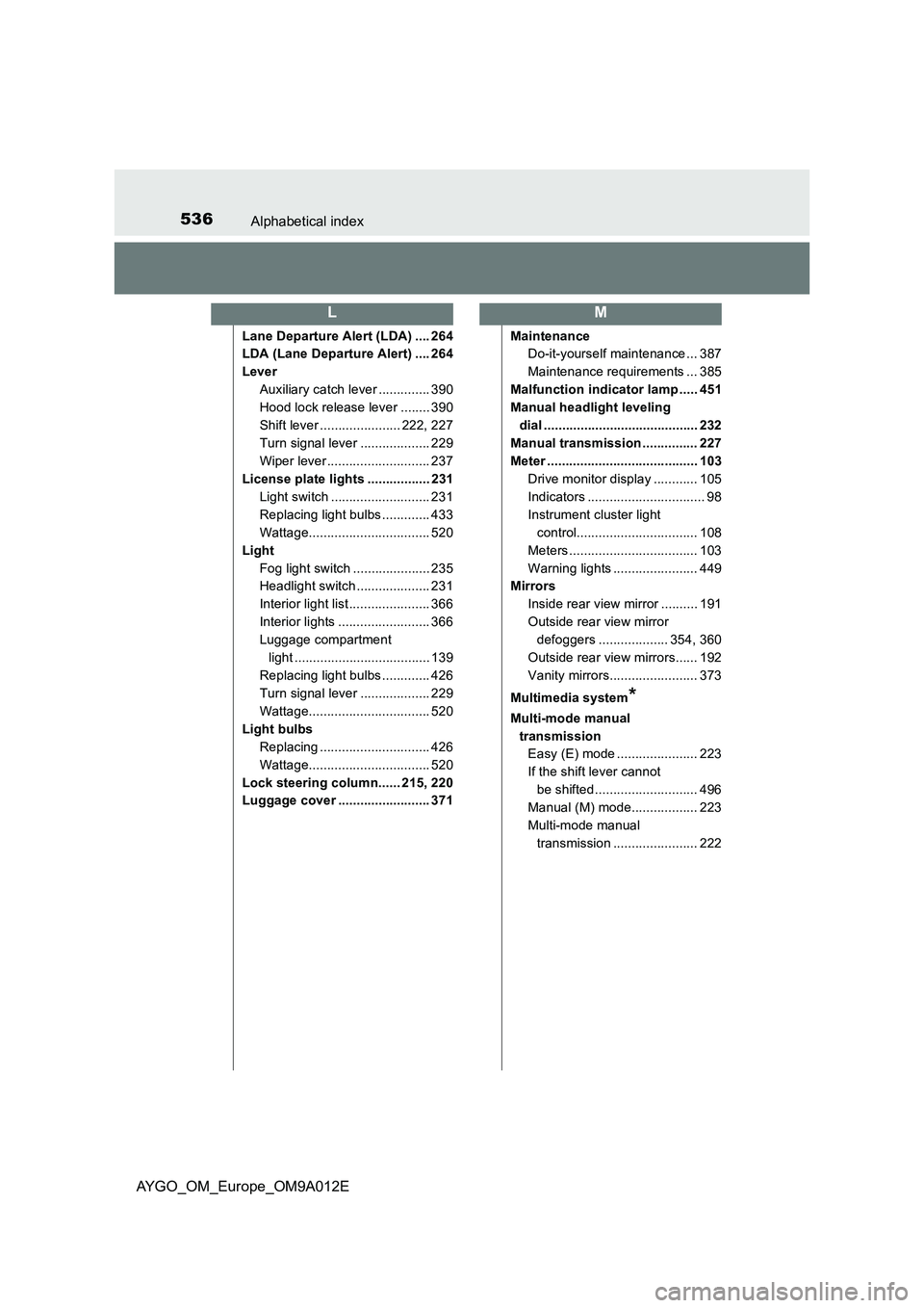 TOYOTA AYGO 2021 Owners Manual 536Alphabetical index
AYGO_OM_Europe_OM9A012E
Lane Departure Alert (LDA) .... 264
LDA (Lane Departure Alert) .... 264
Lever
Auxiliary catch lever .............. 390
Hood lock release lever ........ 39 TOYOTA AYGO 2021 Owners Manual 536Alphabetical index
AYGO_OM_Europe_OM9A012E
Lane Departure Alert (LDA) .... 264
LDA (Lane Departure Alert) .... 264
Lever
Auxiliary catch lever .............. 390
Hood lock release lever ........ 39