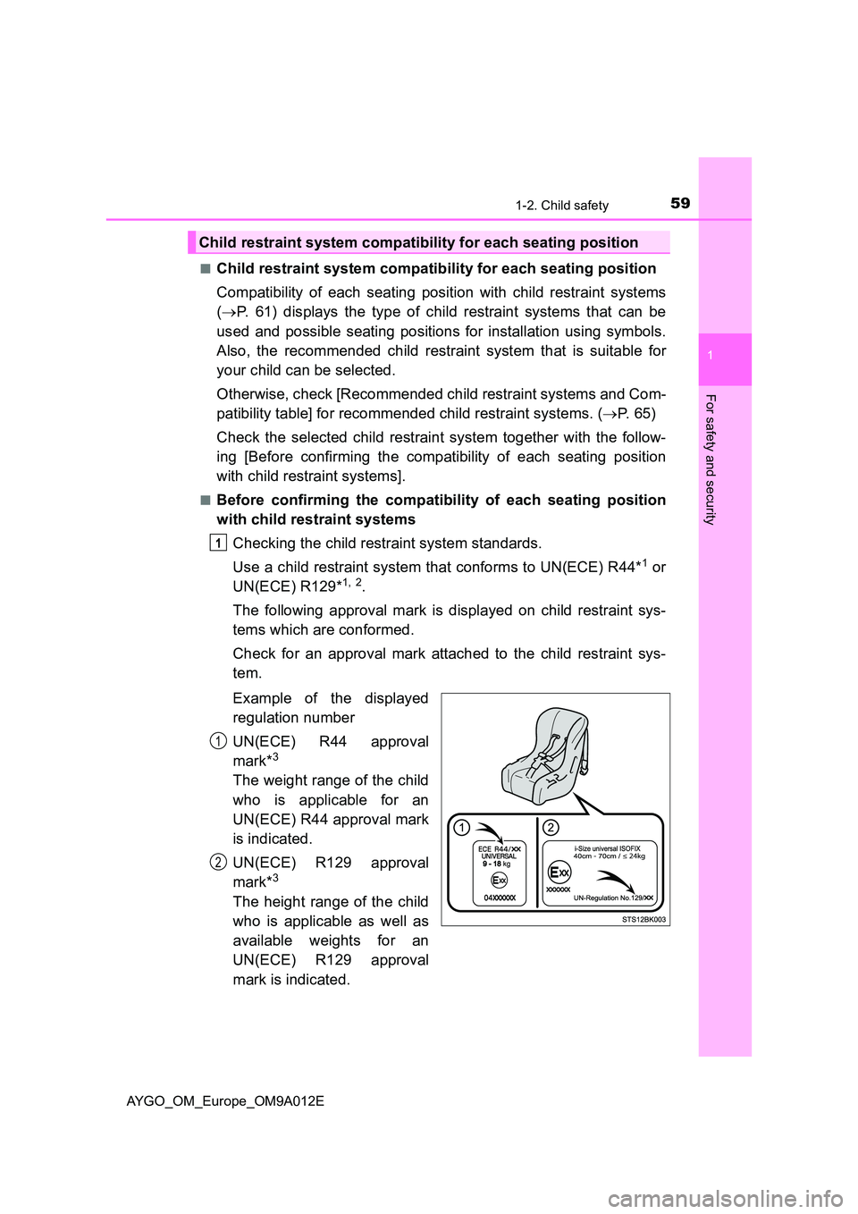 TOYOTA AYGO 2021 Repair Manual 591-2. Child safety
1
For safety and security
AYGO_OM_Europe_OM9A012E 
■Child restraint system compatibility for each seating position 
Compatibility of each seating position with child restraint sy