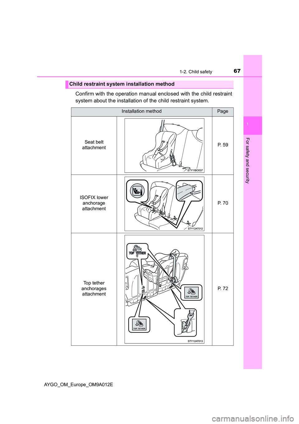 TOYOTA AYGO 2021 Repair Manual 671-2. Child safety
1
For safety and security
AYGO_OM_Europe_OM9A012E
Confirm with the operation manual enclosed with the child restraint 
system about the installation of the child restraint system.
