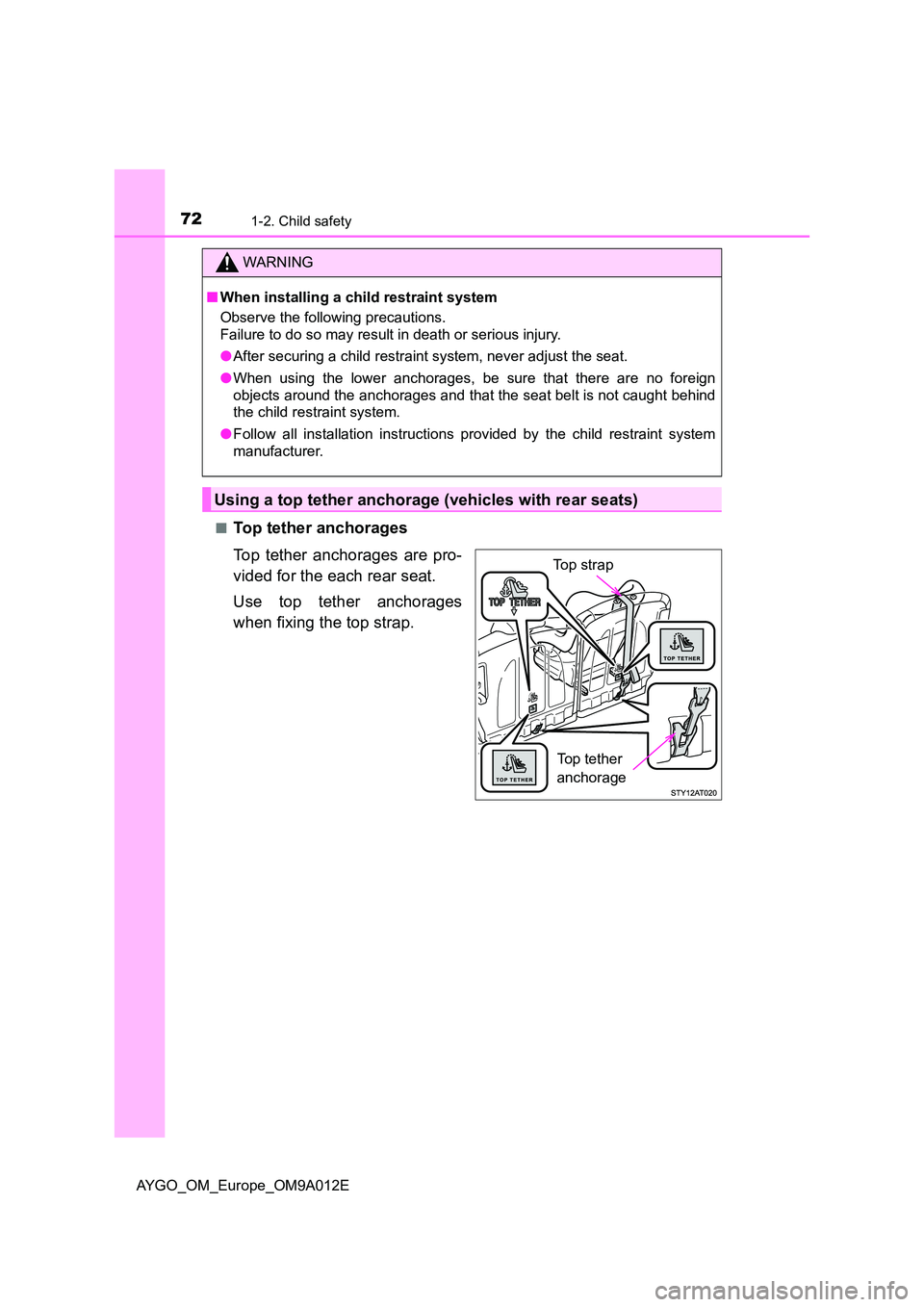 TOYOTA AYGO 2021 Manual PDF 721-2. Child safety
AYGO_OM_Europe_OM9A012E 
■Top tether anchorages 
Top tether anchorages are pro- 
vided for the each rear seat. 
Use top tether anchorages 
when fixing the top strap.
WARNING
■ 