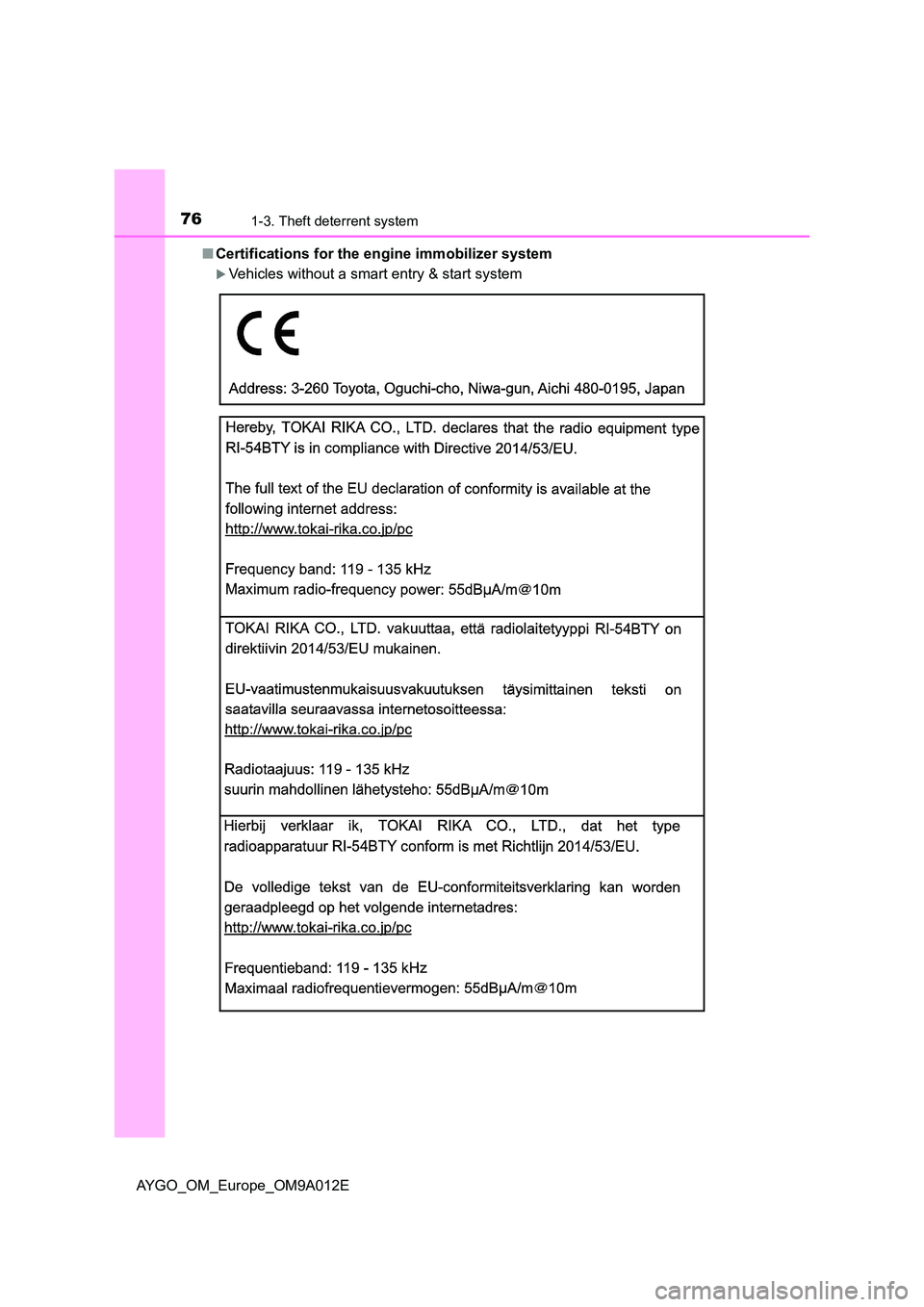 TOYOTA AYGO 2021 Manual PDF 761-3. Theft deterrent system
AYGO_OM_Europe_OM9A012E 
■ Certifications for the engine immobilizer system
Vehicles without a smart entry & start system 