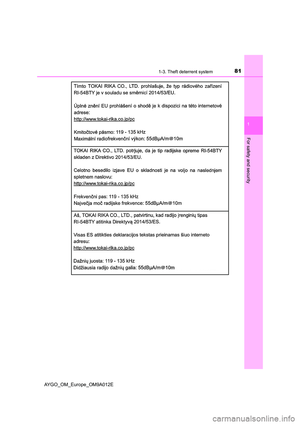 TOYOTA AYGO 2021 Manual Online 811-3. Theft deterrent system
1
For safety and security
AYGO_OM_Europe_OM9A012E 