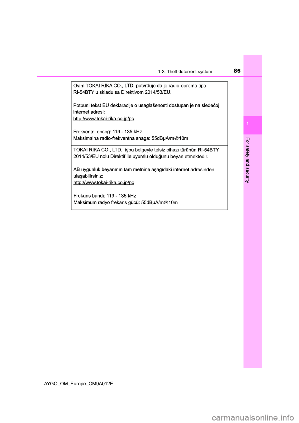 TOYOTA AYGO 2021 Manual Online 851-3. Theft deterrent system
1
For safety and security
AYGO_OM_Europe_OM9A012E 