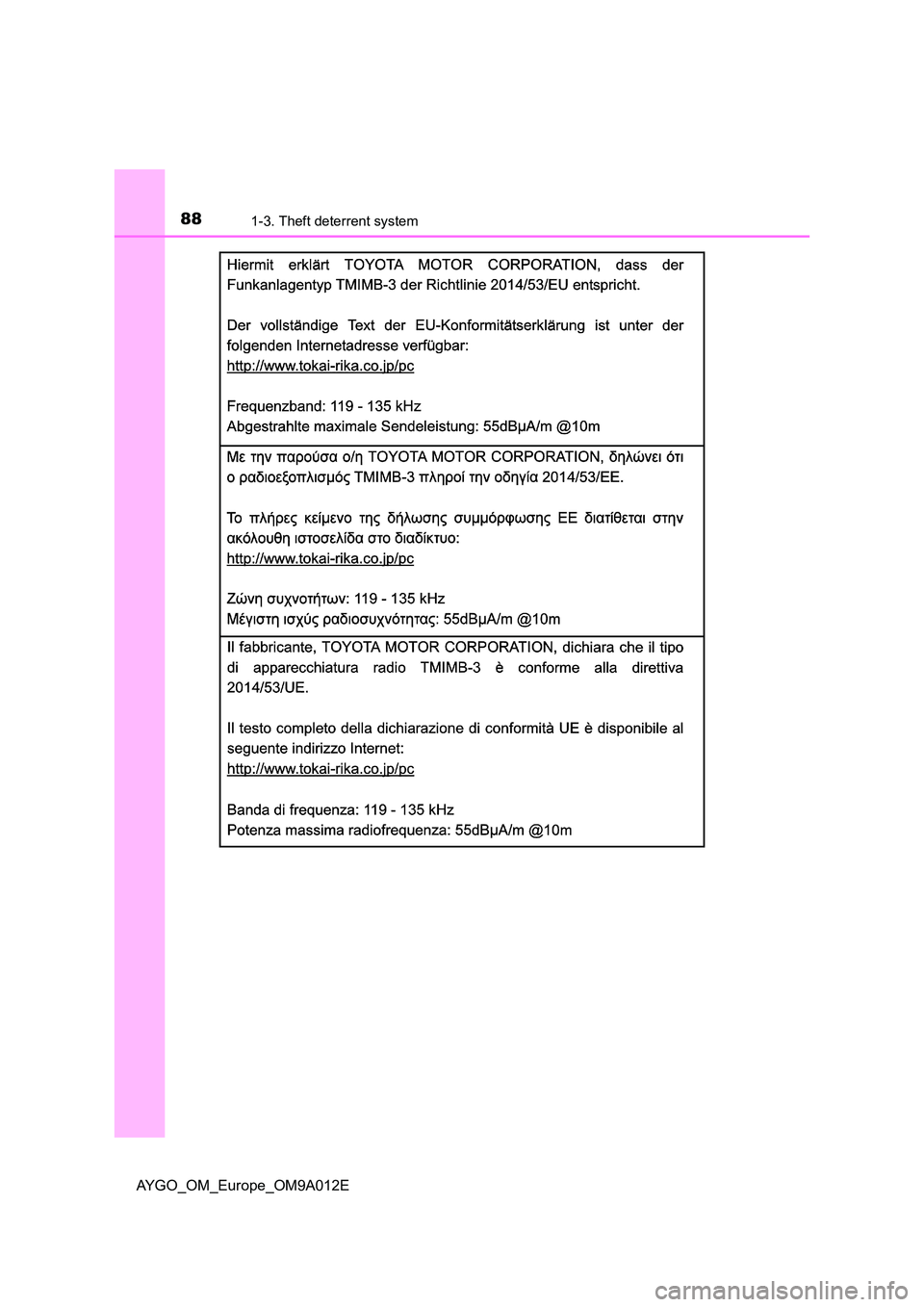 TOYOTA AYGO 2021 Manual Online 881-3. Theft deterrent system
AYGO_OM_Europe_OM9A012E 