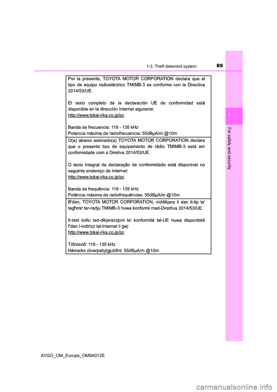 TOYOTA AYGO 2021 Owners Manual 891-3. Theft deterrent system
1
For safety and security
AYGO_OM_Europe_OM9A012E TOYOTA AYGO 2021 Owners Manual 891-3. Theft deterrent system
1
For safety and security
AYGO_OM_Europe_OM9A012E