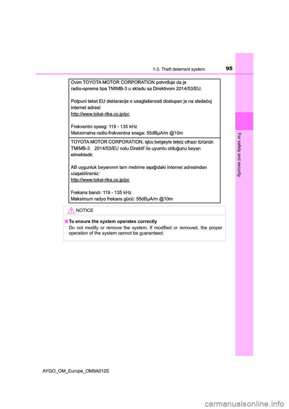 TOYOTA AYGO 2021 Owners Manual 951-3. Theft deterrent system
1
For safety and security
AYGO_OM_Europe_OM9A012E
NOTICE
■To ensure the system operates correctly
Do not modify or remove the system. If modified or removed, the prope TOYOTA AYGO 2021 Owners Manual 951-3. Theft deterrent system
1
For safety and security
AYGO_OM_Europe_OM9A012E
NOTICE
■To ensure the system operates correctly
Do not modify or remove the system. If modified or removed, the prope