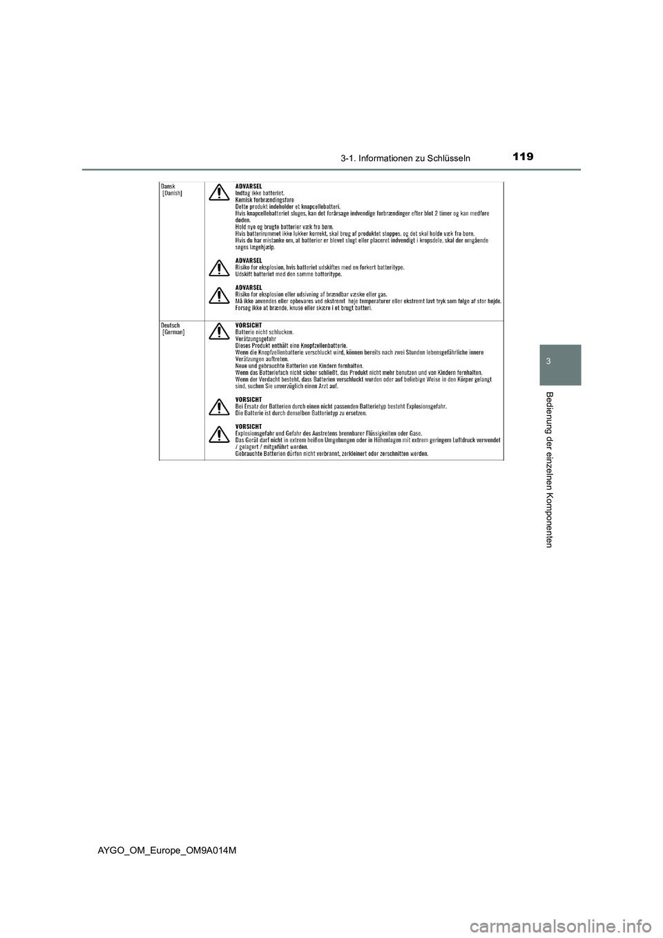 TOYOTA AYGO 2021 Betriebsanleitungen (in German) 1193-1. Informationen zu Schlüsseln
3
Bedienung der einzelnen Komponenten
AYGO_OM_Europe_OM9A014M TOYOTA AYGO 2021 Betriebsanleitungen (in German) 1193-1. Informationen zu Schlüsseln
3
Bedienung der einzelnen Komponenten
AYGO_OM_Europe_OM9A014M