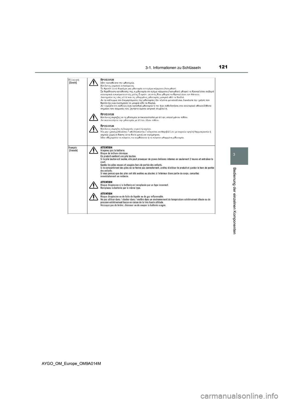 TOYOTA AYGO 2021 Betriebsanleitungen (in German) 1213-1. Informationen zu Schlüsseln
3
Bedienung der einzelnen Komponenten
AYGO_OM_Europe_OM9A014M TOYOTA AYGO 2021 Betriebsanleitungen (in German) 1213-1. Informationen zu Schlüsseln
3
Bedienung der einzelnen Komponenten
AYGO_OM_Europe_OM9A014M