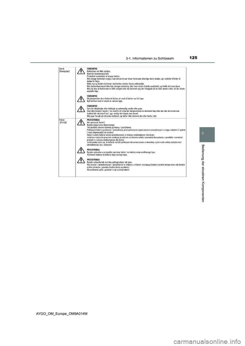 TOYOTA AYGO 2021 Betriebsanleitungen (in German) 1253-1. Informationen zu Schlüsseln
3
Bedienung der einzelnen Komponenten
AYGO_OM_Europe_OM9A014M TOYOTA AYGO 2021 Betriebsanleitungen (in German) 1253-1. Informationen zu Schlüsseln
3
Bedienung der einzelnen Komponenten
AYGO_OM_Europe_OM9A014M