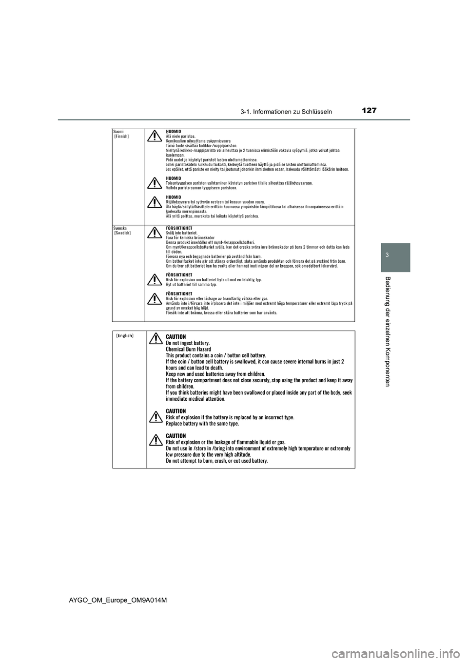 TOYOTA AYGO 2021 Betriebsanleitungen (in German) 1273-1. Informationen zu Schlüsseln
3
Bedienung der einzelnen Komponenten
AYGO_OM_Europe_OM9A014M TOYOTA AYGO 2021 Betriebsanleitungen (in German) 1273-1. Informationen zu Schlüsseln
3
Bedienung der einzelnen Komponenten
AYGO_OM_Europe_OM9A014M
