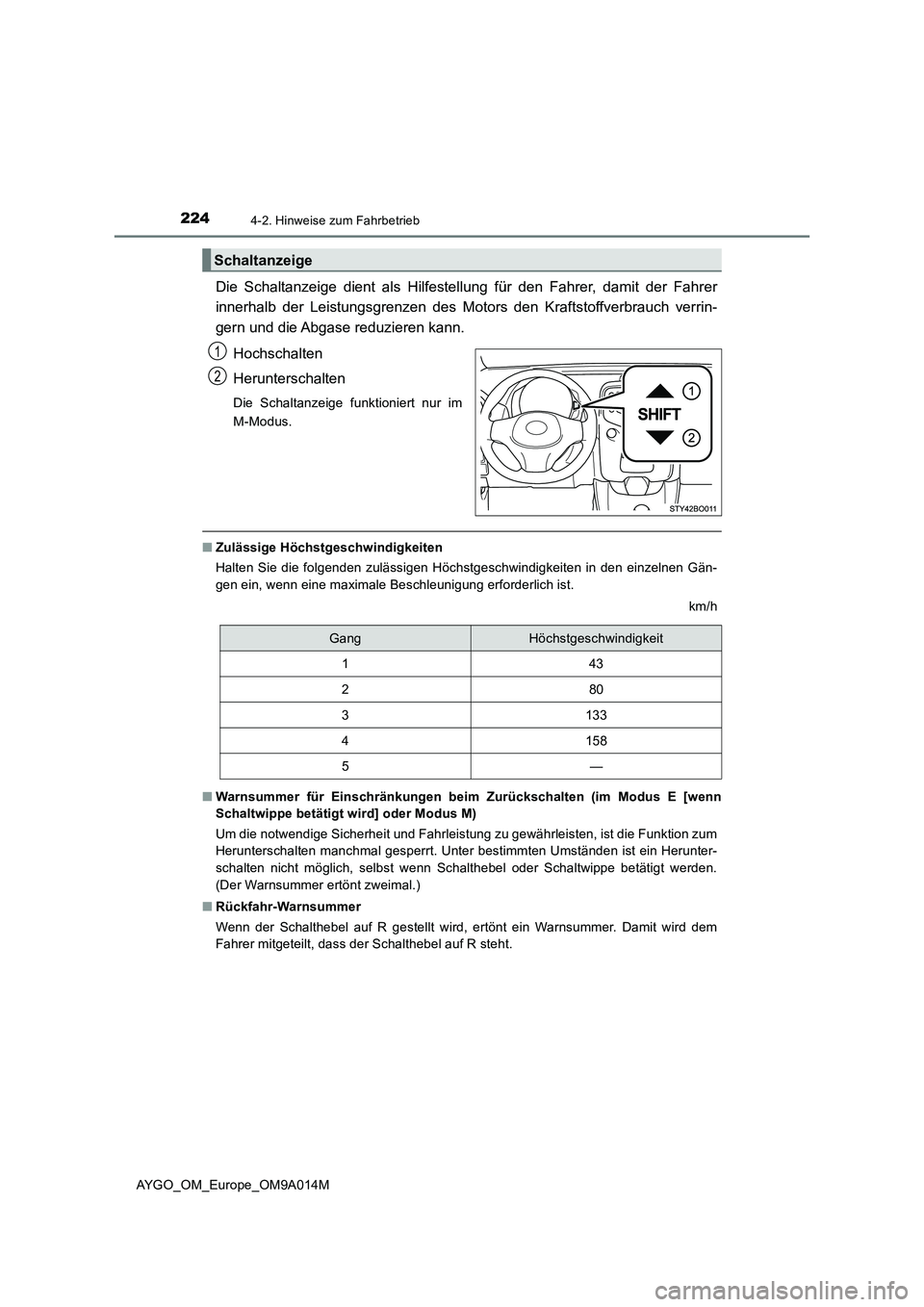 TOYOTA AYGO 2021  Betriebsanleitungen (in German) 2244-2. Hinweise zum Fahrbetrieb
AYGO_OM_Europe_OM9A014M
Die Schaltanzeige dient als Hilfestellung für den Fahrer, damit der Fahrer
innerhalb der Leistungsgrenzen des Motors den Kraftstoffverbrauch v