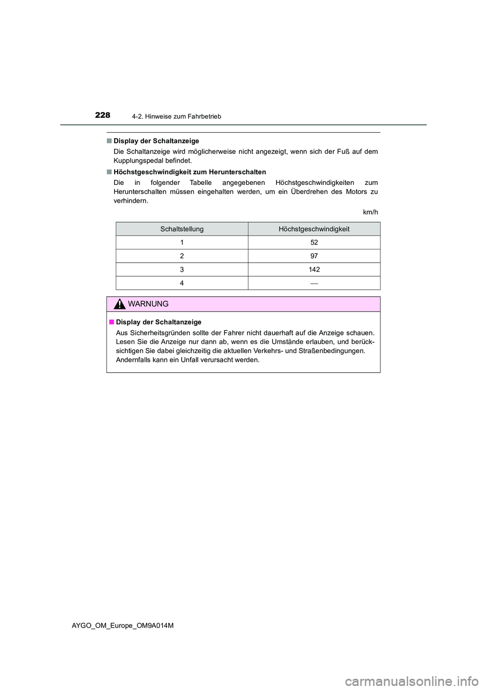 TOYOTA AYGO 2021  Betriebsanleitungen (in German) 2284-2. Hinweise zum Fahrbetrieb
AYGO_OM_Europe_OM9A014M
■Display der Schaltanzeige 
Die Schaltanzeige wird möglicherweise nicht angezeigt, wenn sich der Fuß auf dem 
Kupplungspedal befindet. 
■